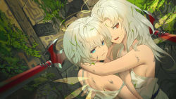 Rule 34 | 2girls, against glass, angel, bad id, bad pixiv id, bare shoulders, blue eyes, breasts, closed mouth, day, detached wings, dirty, dirty face, dress, dutch angle, fantasy, fingernails, frown, grass, halo, hand on another&#039;s back, hand on another&#039;s chest, highres, hug, lance, long hair, looking at viewer, multiple girls, one eye covered, open mouth, original, plant, polearm, red eyes, sash, short hair, sideboob, sleeveless, sleeveless dress, tears, transparent wings, upper body, wall, wangxiii, weapon, white dress, white hair, wince, wings