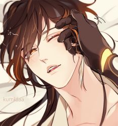 Rule 34 | 2boys, aether (genshin impact), bed sheet, black hair, brown hair, close-up, collarbone, earrings, fang, genshin impact, gloves, hair between eyes, hand on another&#039;s face, highres, jewelry, long hair, looking at viewer, lying, male focus, multicolored hair, multiple boys, one eye closed, open mouth, otakumi, simple background, single earring, tassel, tassel earrings, yellow eyes, zhongli (genshin impact)