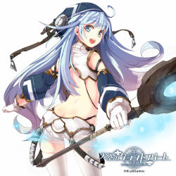 Rule 34 | 1girl, ahoge, ari0w0, ass, bad id, bad pixiv id, belt, blue eyes, blue hair, butt crack, company name, copyright name, detached sleeves, from behind, gloves, headwear request, long hair, looking back, matching hair/eyes, official art, open mouth, original, simple background, solo, staff, tenkuu no craft fleet, thighhighs, white gloves, white thighhighs