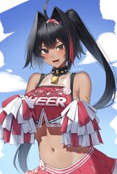 Rule 34 | 1girl, :d, ahoge, bandaid, bandaid on arm, bare shoulders, bay (nikke), black hair, black hairband, blue sky, blush, breasts, brown eyes, cheerleader, clothes writing, cloud, collar, collarbone, commentary, cowboy shot, crop top, crop top overhang, dark-skinned female, dark skin, day, goddess of victory: nikke, hair between eyes, hair intakes, hairband, high ponytail, highleg, highleg panties, highres, holding, holding pom poms, large breasts, lock, long hair, looking at viewer, miniskirt, mole, mole on breast, mole under mouth, multicolored hair, navel, open mouth, padlock, padlocked collar, panties, pleated skirt, pom pom (cheerleading), pom poms, red hair, red shirt, red skirt, shirt, sideboob, sidelocks, skirt, sky, sleeveless, sleeveless shirt, smile, solo, spiked collar, spikes, standing, star (symbol), star in eye, star sticker, sticker on face, stomach, streaked hair, symbol in eye, teeth, thong, two-tone shirt, two-tone skirt, underboob, underwear, whale tail (clothing), yorugami rei