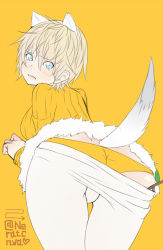 Rule 34 | 10s, 1girl, amai nekuta, animal ears, ass, bent over, blonde hair, blouse, blue eyes, brave witches, breasts, clothes pull, extra ears, looking back, nikka edvardine katajainen, orange shirt, panties, pantyhose, pantyhose pull, ribbed sweater, shirt, short hair, simple background, solo, strike witches, sweater, tail, twig, twitter username, underwear, weasel tail, world witches series