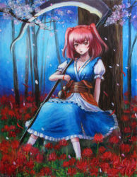 Rule 34 | 1girl, against tree, belt, breasts, cherry blossoms, cleavage, female focus, flower, gourd, hair bobbles, hair ornament, large breasts, md5 mismatch, oil painting (medium), onozuka komachi, orange eyes, painting (medium), petals, red hair, resolution mismatch, scythe, short hair, sitting, solo, source smaller, spider lily, tafuto, touhou, traditional media, tree, twintails, two side up