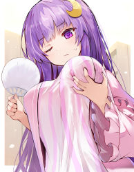 Rule 34 | 1girl, ;(, blush, breast hold, breasts, closed mouth, crescent, crescent hair ornament, dress, efe, frilled sleeves, frills, hair ornament, hand fan, highres, holding, holding fan, indoors, large breasts, long hair, long sleeves, looking down, no headwear, paper fan, patchouli knowledge, purple eyes, solo, striped clothes, striped dress, touhou, uchiwa, upper body, vertical-striped clothes, vertical-striped dress, wide sleeves