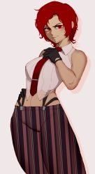 Rule 34 | 1girl, absurdres, breasts, gloves, highres, lipstick, makeup, mature female, medium breasts, pants, red eyes, red hair, red tie, shirt, short hair, smile, snk, solo, stomach, suspenders, the king of fighters, the king of fighters xiv, the king of fighters xv, tomboy, vanessa (kof), white shirt