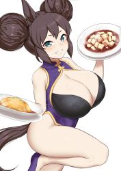 Rule 34 | 1girl, animal ears, blue eyes, breasts, brown hair, china dress, chinese clothes, cleavage, commentary request, dress, food, highres, holding, holding food, holding plate, horse ears, horse girl, horse tail, inari one (umamusume), large breasts, looking at viewer, mapo tofu, plate, sleeveless, solo, tail, thighhighs, umamusume, white background, yuugatou (yuuzutu)