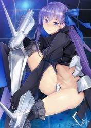 Rule 34 | 1girl, armor, armored boots, black coat, blue background, blue eyes, blue ribbon, boots, coat, commentary request, crotch plate, fate/extra, fate/extra ccc, fate (series), hair ribbon, juliet sleeves, long hair, long sleeves, meltryllis (fate), navel, puffy sleeves, purple hair, revealing clothes, rib:y(uhki), ribbon, sleeves past wrists, solo, spikes, very long hair