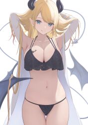 Rule 34 | 1girl, :q, absurdres, arms up, bat tattoo, black bra, black horns, black panties, black wings, blonde hair, blue eyes, bra, breast tattoo, breasts, cleavage, cowboy shot, demon girl, demon tail, gluteal fold, halterneck, heart, heart tattoo, highres, hololive, horns, large breasts, long hair, looking at viewer, low wings, navel, panties, pointy ears, stomach, tail, tataki worker, tattoo, thigh gap, thighs, tongue, tongue out, transparent background, underwear, very long hair, virtual youtuber, wings, yuzuki choco, yuzuki choco (1st costume)