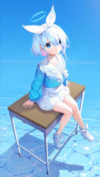 Rule 34 | arona (blue archive), bare legs, blue archive, blue background, blue eyes, blue hair, blue shirt, braid, choker, closed mouth, collarbone, colored inner hair, commentary, desk, hair ribbon, halo, highres, long sleeves, looking at viewer, medium hair, multicolored hair, on desk, pink hair, ribbon, rock, shirt, shirt tucked in, shoes, sitting, on desk, skirt, smile, sneakers, streaked hair, symbol-only commentary, tress ribbon, water, white choker, white footwear, white ribbon, white skirt, y.i. (lave2217)