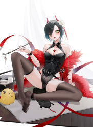 Rule 34 | 1girl, absurdres, alternate costume, azur lane, bare shoulders, black hair, black thighhighs, breasts, cleavage, feather boa, full body, hair between eyes, hair ornament, highres, large breasts, manjuu (azur lane), ohisashiburi, one eye closed, open mouth, sitting, smoking pipe, spread legs, thighhighs, thighs, ulrich von hutten (azur lane), yellow eyes