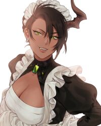 Rule 34 | 1girl, alternate costume, apron, aragami oga, black dress, black hair, breasts, cleavage, collar, dark-skinned female, dark skin, demon horns, dress, earrings, enmaided, eyelashes, fangs, fangs out, genderswap, genderswap (mtf), green eyes, hair between eyes, highres, holostars, hoop earrings, horns, jewelry, juliet sleeves, large breasts, long sleeves, looking at viewer, maid, maid apron, maid headdress, medium breasts, onion (kionlin322), parted lips, puffy sleeves, shiny skin, short hair, single horn, slit pupils, smile, solo, upper body, virtual youtuber, white background