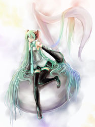 Rule 34 | 1girl, boots, breasts, detached sleeves, female focus, full body, gradient background, green eyes, green hair, hatsune miku, headset, highres, long hair, matching hair/eyes, musclecar, musical note, necktie, sitting, skirt, solo, thigh boots, thighhighs, twintails, very long hair, vocaloid, white background