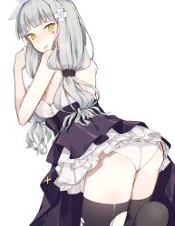 Rule 34 | 1girl, ass, backless dress, backless outfit, bare shoulders, black dress, black thighhighs, blunt bangs, blush, breasts, dress, facial mark, from behind, girls&#039; frontline, green eyes, grey hair, hands up, hk416 (girls&#039; frontline), hk416 (starry cocoon) (girls&#039; frontline), hona (pixiv7939518), large breasts, legs together, long hair, looking at viewer, looking back, official alternate costume, panties, parted lips, petticoat, simple background, solo, teardrop, thighhighs, thighs, torn clothes, torn thighhighs, underwear, white background, white panties