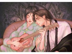 Rule 34 | 1boy, 1girl, black hair, brown hair, buttons, closed eyes, couch, couple, eren yeager, facial scar, green eyes, green shirt, guitar, hetero, highres, holding another&#039;s arm, instrument, jacket, unworn jacket, lacampanule, letterboxed, long sleeves, looking to the side, loose necktie, medium hair, mikasa ackerman, music, necktie, pajamas, parted bangs, parted lips, playing instrument, scar, scar on cheek, scar on face, shingeki no kyojin, shirt, short hair, singing, sitting, upper body, wallpaper (object), white shirt