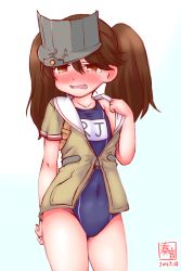 Rule 34 | 1girl, alternate costume, blush, brown eyes, brown hair, cosplay, dated, embarrassed, flat chest, highres, i-26 (kancolle), i-26 (kancolle) (cosplay), kanon (kurogane knights), kantai collection, long hair, looking at viewer, name tag, new school swimsuit, one-piece swimsuit, open mouth, ryuujou (kancolle), sailor collar, school swimsuit, short sleeves, signature, solo, swimsuit, swimsuit under clothes, tears, twintails, visor cap, zipper