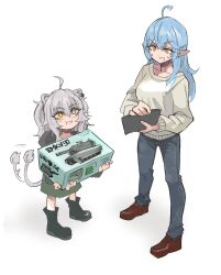Rule 34 | + +, 2girls, ahoge, animal ears, battlefield 2042, blue hair, boots, box, brown footwear, denim, full body, grey sweater, highres, hololive, jeans, lion ears, lion girl, lion tail, looking at another, mato (target5260), medium hair, model kit, multiple girls, pants, pointy ears, shishiro botan, simple background, sweater, tail, virtual youtuber, wallet, white background, yukihana lamy
