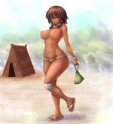 Rule 34 | 1girl, artist request, breasts, brown hair, copyright request, curvy, dark-skinned female, dark skin, female focus, full body, large breasts, mitsupudding, nipples, red eyes, sandals, short hair, solo, standing, topless, tribal, wide hips, zenra