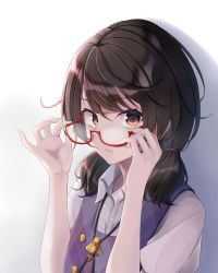 Rule 34 | 1girl, :/, brown eyes, brown hair, closed mouth, collared shirt, commentary request, fumei (mugendai), glasses, highres, holding glasses, lips, looking at viewer, low twintails, plaid, plaid vest, purple vest, quimbaya airplane, red-framed eyewear, semi-rimless eyewear, shirt, solo, touhou, twintails, under-rim eyewear, upper body, usami sumireko, vest, white shirt, wing collar