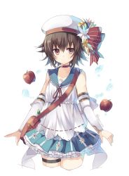 Rule 34 | 1girl, apple, bag, blue skirt, bow, brown eyes, brown hair, detached sleeves, dress, food, fruit, grimms notes, hat, hat bow, looking at viewer, red bow, rento (rukeai), ribbon, sailor collar, short hair, skirt, smile, solo, thighhighs, water, white dress, white ribbon