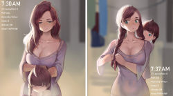 Rule 34 | 2girls, adjusting another&#039;s hair, aqua eyes, blurry, blurry background, braid, breasts, child, chinese commentary, cleavage, closed eyes, closed mouth, collarbone, commentary request, dress, durin (liangzi tai hongcha), english text, highres, large breasts, liangzi tai hongcha, long hair, long sleeves, multiple girls, multiple views, original, purple dress, red hair, siblings, sisters, smile, twin braids, tying hair, upper body