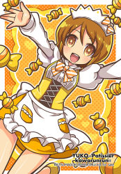 Rule 34 | 10s, 1girl, :d, apron, arms up, bow, bowtie, brown eyes, brown hair, candy, food, frills, happinesscharge precure!, hat, juliet sleeves, katsuma rei, long sleeves, oomori yuuko, open mouth, orange background, orange bow, orange bowtie, polka dot, polka dot background, precure, puffy sleeves, short hair, skirt, smile, solo, striped bow, striped bowtie, striped clothes, striped neckwear, waist apron, white bow, white bowtie, yellow skirt