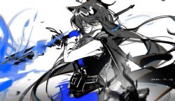 Rule 34 | 1girl, animal ears, arknights, black cape, black hair, black vest, blue gloves, brown eyes, cape, commentary request, dated, floating hair, gloves, hair between eyes, hewu639356, highres, holding, holding sword, holding weapon, long hair, long sleeves, looking at viewer, monochrome, parted bangs, shirt, sketch, sleeveless, sleeveless shirt, solo, sword, texas (arknights), texas the omertosa (arknights), very long hair, vest, weapon, white shirt
