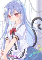 Rule 34 | 1girl, animal ear fluff, animal ears, blue hair, blue skirt, blush, bow, bowtie, cat ears, cat tail, closed mouth, commentary request, extra ears, hair between eyes, highres, hinanawi tenshi, kemonomimi mode, korira, long hair, looking at viewer, no headwear, pout, puffy short sleeves, puffy sleeves, rainbow order, red bow, red bowtie, red eyes, shirt, short sleeves, skirt, solo, tail, touhou, white shirt