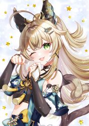 Rule 34 | 1girl, ;d, absurdres, ahoge, animal ears, bell, blonde hair, blush, bridal gauntlets, brown tail, cat tail, commentary request, detached sleeves, fake animal ears, fang, genshin impact, green eyes, hair ornament, hairclip, hands up, highres, jingle bell, kirara (genshin impact), light particles, long hair, looking at viewer, midriff peek, multiple tails, neck bell, one eye closed, open mouth, smile, solo, tail, tateko25wiz, two tails, white background