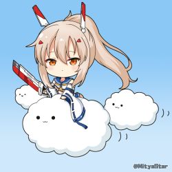 Rule 34 | 1girl, :3, ayanami (azur lane), azur lane, blue background, blue sailor collar, blue skirt, blush, brown eyes, chibi, closed mouth, cloud, commentary request, crop top, detached sleeves, gradient background, hair between eyes, hair ornament, hairclip, headgear, holding, holding sword, holding weapon, light brown hair, long hair, long sleeves, looking at viewer, midriff, mitya, pleated skirt, ponytail, retrofit (azur lane), ribbon-trimmed sleeves, ribbon trim, sailor collar, shirt, sidelocks, skirt, sleeveless, sleeveless shirt, sleeves past wrists, solid circle eyes, solo, sword, twitter username, weapon, white shirt, white sleeves, wide sleeves