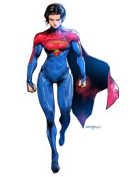 Rule 34 | 1girl, arms at sides, artist name, blue bodysuit, bodysuit, brown hair, cape, clenched hands, commentary, dc comics, dc extended universe, english commentary, flying, full body, highres, insignia, red cape, santa fung, short hair, signature, simple background, sketch, solo, supergirl, superhero costume, superman (series), the flash (2023), white background
