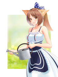 Rule 34 | 1girl, absurdres, animal ears, arknights, bare arms, bare shoulders, blue bow, blush, bow, breasts, brown hair, cowboy shot, dress, fox ears, fox girl, hair bow, highres, holding, holding watering can, long hair, looking at viewer, no jacket, open mouth, perfumer (arknights), ponytail, redeye tmirm, sleeveless, sleeveless dress, small breasts, solo, striped, striped bow, watering can, white dress, yellow eyes