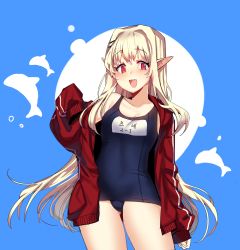 Rule 34 | 1girl, bare shoulders, blonde hair, blue background, blue one-piece swimsuit, blush, breasts, character request, collarbone, dungeon and fighter, elf, fingernails, gluteal fold, hair between eyes, hair intakes, hair ornament, hairclip, highres, jacket, korean text, long hair, long sleeves, mendou kusai, name tag, off shoulder, old school swimsuit, one-piece swimsuit, open clothes, open jacket, pointy ears, red eyes, red jacket, school swimsuit, sleeves past wrists, small breasts, solo, swimsuit, two-tone background, very long hair, white background