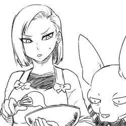 Rule 34 | 1girl, android 18, apron, beerus, bowl, cooking, dragon ball, dragonball z, earrings, god of destruction beerus, greyscale, jewelry, monochrome, parted bangs, short hair, sweatdrop, swept bangs, tsukudani (coke-buta), whisk
