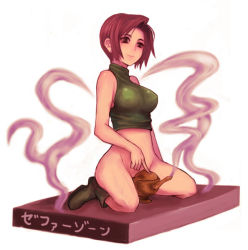 Rule 34 | 1990s (style), 1girl, alluring rider, bare shoulders, bottomless, breasts, brown eyes, brown hair, character name, covered erect nipples, final fantasy, final fantasy v, final fantasy vi, kara (color), large breasts, monster girl, no panties, red hair, retro artstyle, short hair, sitting, sleeveless, sleeveless turtleneck, smile, smoke, solo, translated, turtleneck, zephyrus