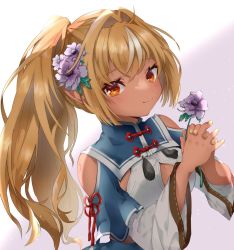Rule 34 | 1girl, bad id, bad twitter id, blonde hair, breasts, cleavage, cleavage cutout, clothing cutout, dark-skinned female, dark skin, elf, flower, grey flower, hair behind ear, holding, holding flower, hololive, looking at viewer, mito nosuke, nail polish, orange eyes, own hands together, pointy ears, ponytail, purple flower, shiranui flare, shiranui flare (old design), smile, solo, virtual youtuber, wide sleeves, yellow nails