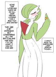 Rule 34 | 1girl, absurdres, arm at side, blush, bob cut, closed eyes, closed mouth, colored skin, cowboy shot, creatures (company), english text, facing viewer, flat chest, flat color, game freak, gardevoir, gen 3 pokemon, green hair, green skin, hair over one eye, hand up, happy, highres, jewelry, multicolored skin, nintendo, one eye covered, pokemon, pokemon (creature), ring, saltyxodium, short hair, simple background, sketch, smile, split mouth, standing, two-tone skin, u u, wedding band, white background, white skin