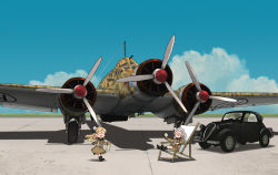 Rule 34 | 2girls, aircraft, airplane, annin musou, blue sky, bottle, camouflage, car, chair, closed eyes, cloud, commentary request, day, fairy (kancolle), grey hair, kantai collection, long hair, lounge chair, mini person, minigirl, motor vehicle, multiple girls, outdoors, pola (kancolle), running, sky, sm.79 sparviero, vehicle focus, vehicle request, zara (kancolle)