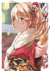 Rule 34 | 1girl, admiral hipper (azur lane), ahoge, artist request, azur lane, blonde hair, blurry, blurry background, blush, breasts, commentary request, cross, dango, dated, flower, food, from side, fur-trimmed kimono, fur trim, green eyes, hair between eyes, hair flower, hair ornament, highres, incoming food, iron cross, japanese clothes, kimono, lips, long hair, long sleeves, looking at viewer, nail polish, obi, parted lips, red kimono, red nails, sash, signature, small breasts, solo, two side up, wagashi, wide sleeves
