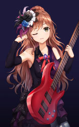 Rule 34 | 1girl, armpits, bad id, bad pixiv id, bang dream!, bass guitar, black bow, black feathers, black flower, blue background, blue flower, bow, brooch, brown hair, collared dress, detached sleeves, dress, earrings, feather hair ornament, feathers, flower, green eyes, hair flower, hair ornament, half updo, hand in own hair, imai lisa, instrument, jewelry, long hair, looking at viewer, lunacle, neck ribbon, one eye closed, purple feathers, red ribbon, ribbon, sidelocks, solo, white feathers