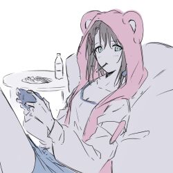 Rule 34 | 1girl, animal ear hood, bang dream!, blue eyes, blue shorts, bottle, breasts, brown hair, cleavage, collarbone, commentary, controller, fake animal ears, food, food in mouth, game controller, highres, holding, holding controller, holding game controller, hood, hood up, long sleeves, looking at viewer, medium hair, okusawa misaki, pocky, pocky in mouth, shorts, sketch, solo, sou (kanade 3344)