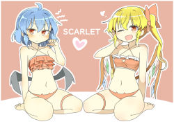 Rule 34 | 2girls, ;d, ahoge, barefoot, bat wings, bikini, blonde hair, blue hair, breasts, closed mouth, clothing cutout, crystal, english text, flandre scarlet, full body, hair ribbon, halterneck, heart, heart cutout, leg strap, looking at viewer, matsu kitsune, multiple girls, navel, one eye closed, one side up, open mouth, red bikini, red eyes, red ribbon, remilia scarlet, ribbon, seiza, siblings, sisters, sitting, small breasts, smile, swimsuit, thigh strap, touhou, wings