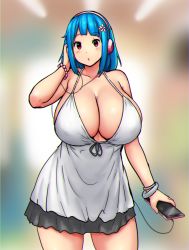 Rule 34 | 1girl, babydoll, bare shoulders, blue hair, blurry, blurry background, blush, bracelet, breasts, cellphone, cleavage, commentary, curvy, dress, english commentary, engrish commentary, erkaz, hairband, hand on own ear, headphones, highres, holding, holding phone, huge breasts, jewelry, medium hair, original, phone, pink hairband, red eyes, rina atherina, smartphone, thighs, veins, veiny breasts, white babydoll, white dress