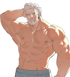 Rule 34 | 1boy, abs, bara, check copyright, copyright request, cowboy shot, highres, large pectorals, looking to the side, male focus, muscular, muscular male, mustache, navel, neumo, nipples, old, old man, original, pants, pectorals, short hair, solo, stomach, strongman waist, sweat, thick eyebrows, thick mustache, track pants, white hair