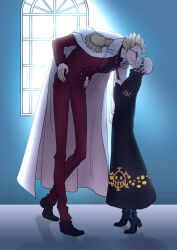 Rule 34 | 2boys, absurdres, alternate universe, black coat, black hair, blonde hair, boots, cheese neko3, coat, coat on shoulders, denim, donquixote doflamingo, earrings, epaulettes, facial hair, formal, fur hat, goatee, hat, height difference, highres, imminent kiss, jeans, jewelry, male focus, multiple boys, necktie, one piece, pants, red necktie, red suit, short hair, smile, suit, sunglasses, tiptoes, trafalgar law, white coat, yaoi