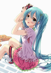 Rule 34 | 1girl, aqua eyes, aqua hair, bag, blush, bow, bracelet, from side, hatsune miku, highres, jewelry, long hair, looking at viewer, nail polish, natsume kei, open mouth, ribbon, shoulder bag, sitting, skirt, socks, solo, twintails, very long hair, vocaloid