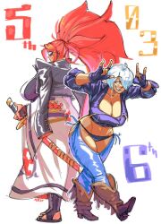 Rule 34 | 1girl, 2girls, angel (kof), baiken, big hair, black kimono, blue eyes, breasts, cleavage, cropped jacket, fingerless gloves, gloves, guilty gear, guilty gear strive, hair over one eye, highres, huge breasts, japanese clothes, kataginu, kimono, leaning forward, multicolored clothes, multicolored kimono, multiple girls, pink hair, ponytail, ratf, sheath, sheathed, shoes, short hair, smile, sword, the king of fighters, the king of fighters xiv, weapon, white background, white hair, white kimono