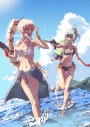 Rule 34 | 2girls, :d, ;d, absurdres, bikini, black bikini, blue sky, bow, breasts, brown eyes, collarbone, commentary request, day, green eyes, green hair, hair ribbon, highres, holding, holding water gun, kantai collection, large breasts, long hair, looking at another, medium breasts, mrdotd, multiple girls, navel, ocean, official alternate costume, one eye closed, open mouth, orange bow, outdoors, pink hair, playing, ponytail, ribbon, sarong, sky, smile, splashing, sunlight, swimsuit, toes, very long hair, wading, water gun, white bikini, white ribbon, yura (kancolle), yuubari (kancolle)