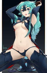 Rule 34 | 1girl, aqua hair, arms up, artist name, between breasts, bikini, black background, black footwear, black panties, blue eyes, blue footwear, blunt ends, boots, borrowed character, braid, braided ponytail, breasts, bridal gauntlets, coattails, commentary, cosplay, demon girl, demon horns, demon tail, detached sleeves, english commentary, evelyn (unsomnus), evelyn (unsomnus) (cosplay), flipped hair, gradient hair, green hair, groin, hair between eyes, high heel boots, high heels, highres, horns, kneeling, lipstick, long hair, looking at viewer, makeup, multicolored hair, navel, original, panties, parted lips, pillarboxed, pink lips, revealing clothes, side braid, sidelocks, simple background, solo, spread legs, streaked hair, swimsuit, tail, thigh boots, thighhighs, two-sided fabric, underboob, underwear, unsomnus, very long hair