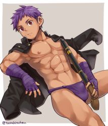 Rule 34 | 1boy, abs, arm support, bulge, closed mouth, dark-skinned male, dark skin, fundoshi, jacket, jacket on shoulders, japanese clothes, looking at viewer, male focus, male underwear, muscular, navel, nipples, pectorals, purple male underwear, red eyes, short hair, simple background, sitting, solo, torakichi (ebitendon)