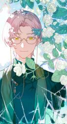 Rule 34 | 1boy, chinese clothes, closed mouth, commentary, flower, glasses, hanfu, highres, looking at viewer, male focus, mole, mole under eye, outdoors, short hair, smile, solo, symbol-only commentary, tears of themis, tubayran, upper body, vyn richter (tears of themis), white flower, white hair, yellow eyes