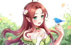 Rule 34 | 1girl, absurdres, ahoge, bird, blue bird, breasts, commission, dress, floating hair, green eyes, hal rayon vert, highres, medium breasts, parted lips, propro production, red hair, skeb commission, sleeveless, sleeveless dress, smile, solo, umishima rinta, upper body, virtual youtuber
